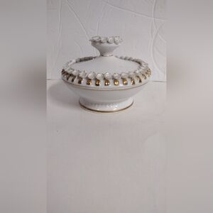 Vintage 60's Irice Product Porcelain Powder Trinket Dish Hand Painted Gold Trim